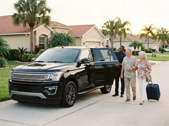 A driver walks a retired couple with their suitcases to a black SUV in front of their Florida home