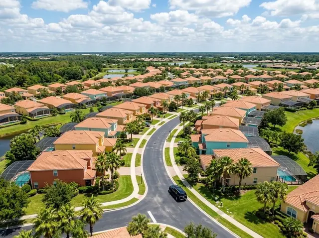 Aerial view of a Florida retirement community with tile roofs, lakes and a curving road